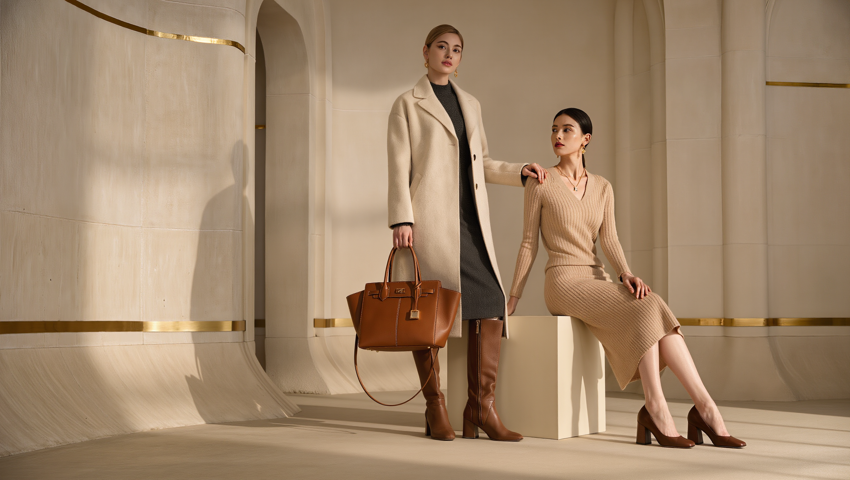 Two elegant models in a warm cream studio showcasing a cognac leather bag and heels, soft golden light creating a premium Italian-inspired atmosphere.