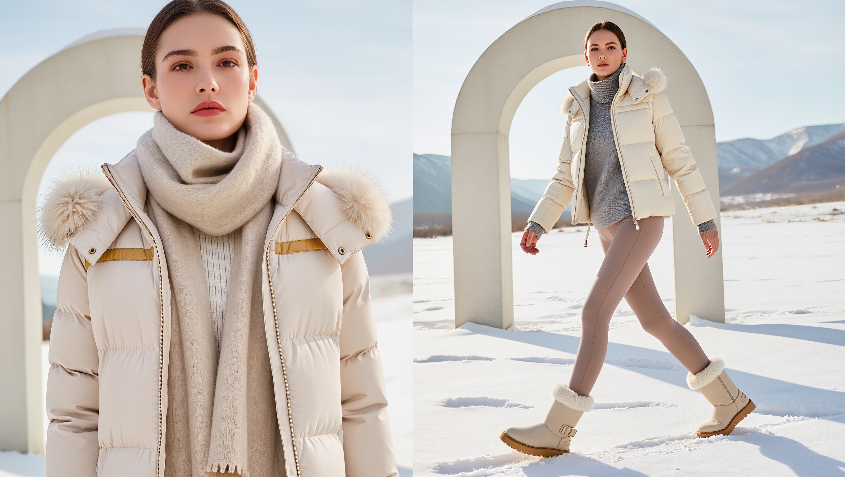 Two women wearing insulated snow boots in a snowy outdoor scene, cold soft light highlighting winter textures in a premium Leather Nova style.