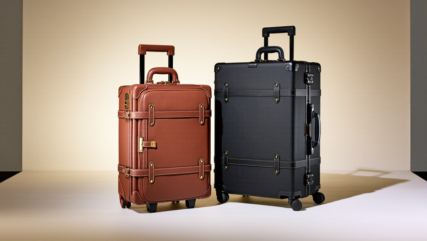Premium leather rolling bags displayed in a warm cream travel studio, with soft lighting highlighting elegant textures and Italian-inspired design.