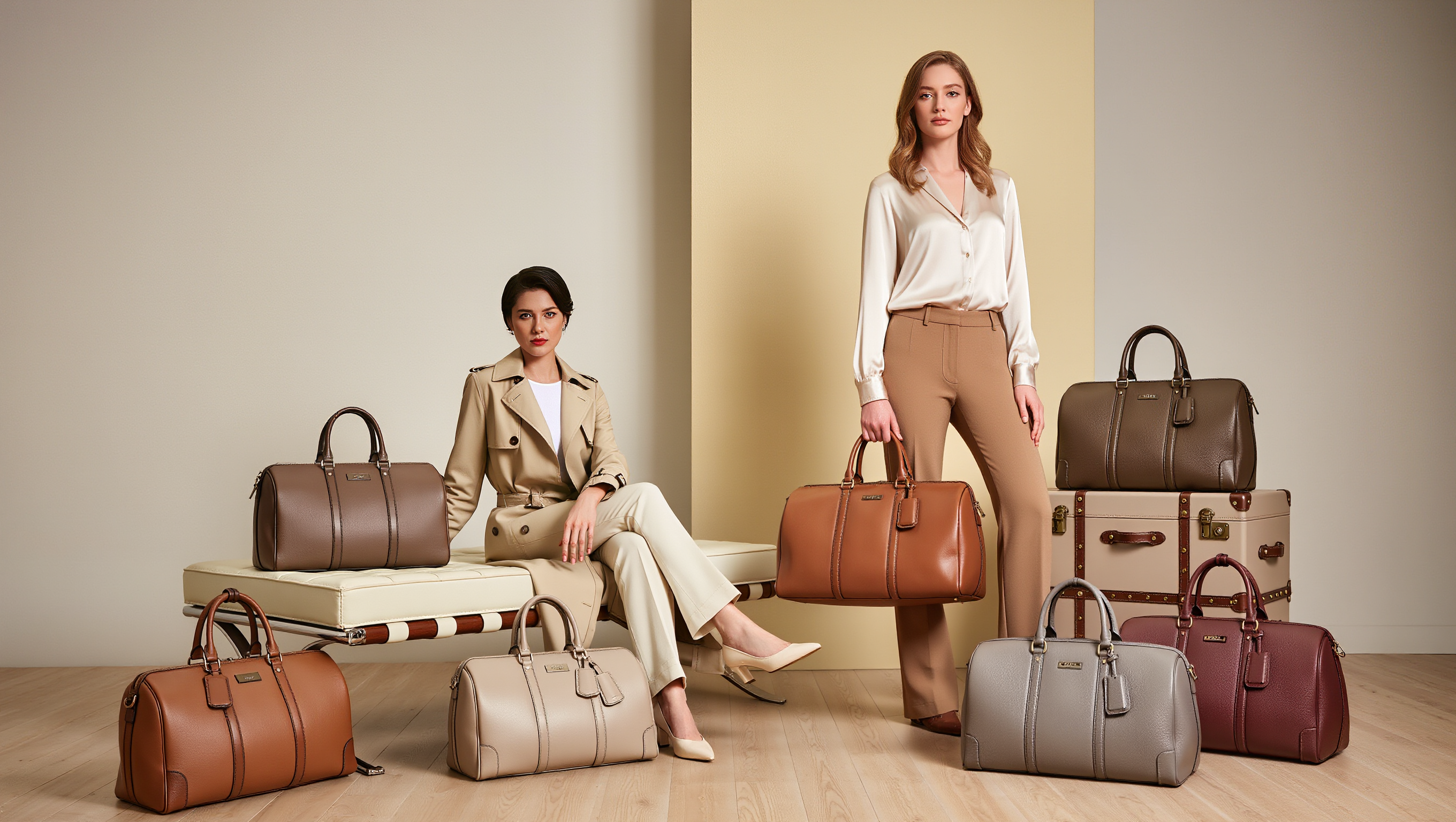 Elegant travelers with premium leather duffle and weekender bags in a warm cream studio.