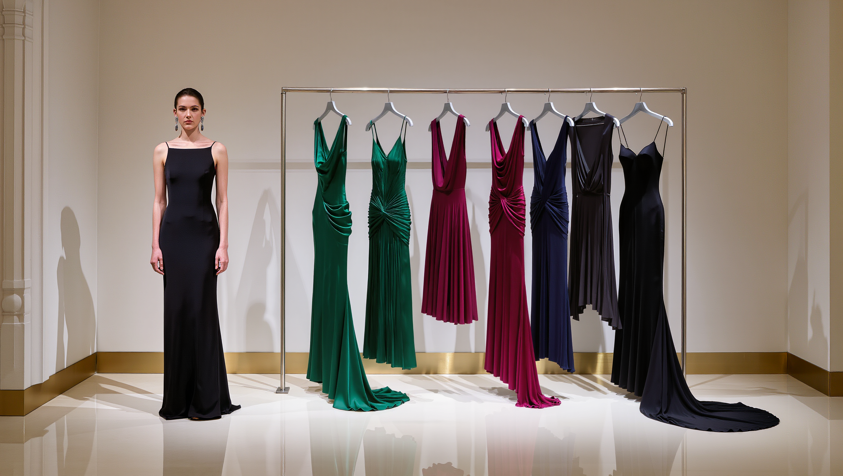 Elegant long evening dress in rich tones with refined draping, designed for special occasions.