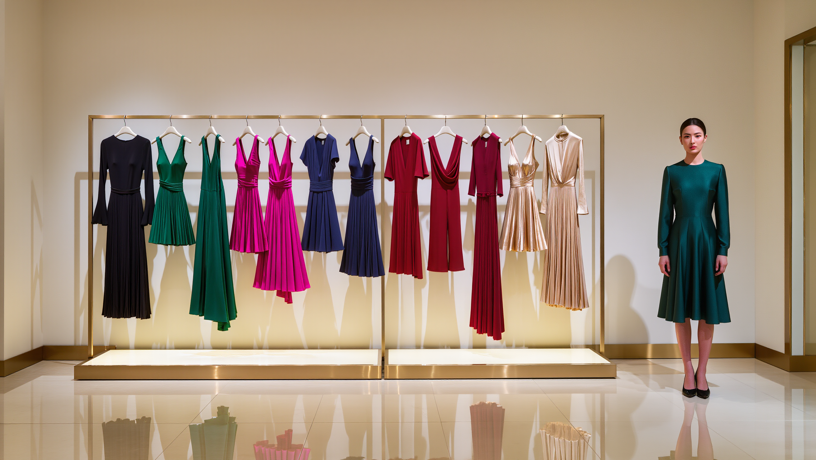 Elegant cocktail dress in rich tones with refined details, styled for modern evening elegance.