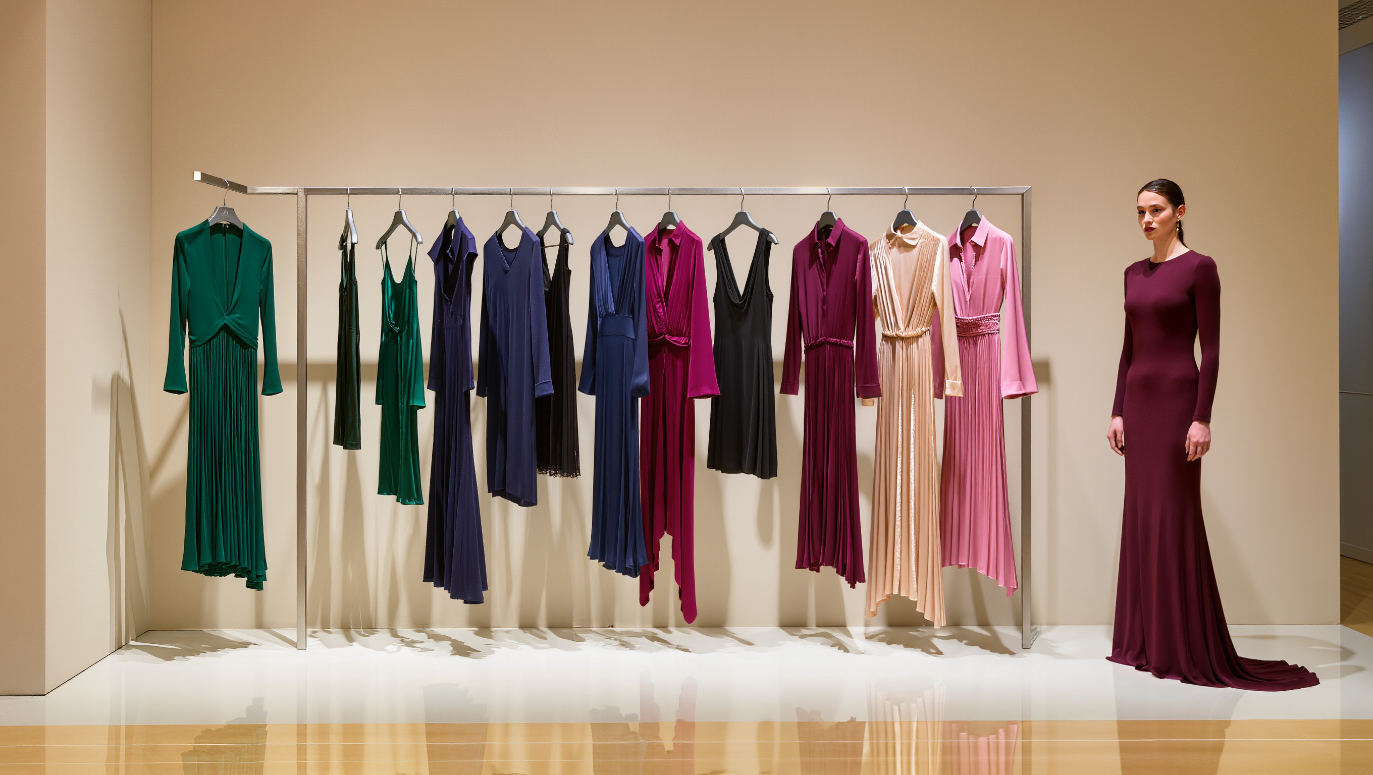 Elegant long flowing maxi dress in rich tones, styled for refined modern elegance.