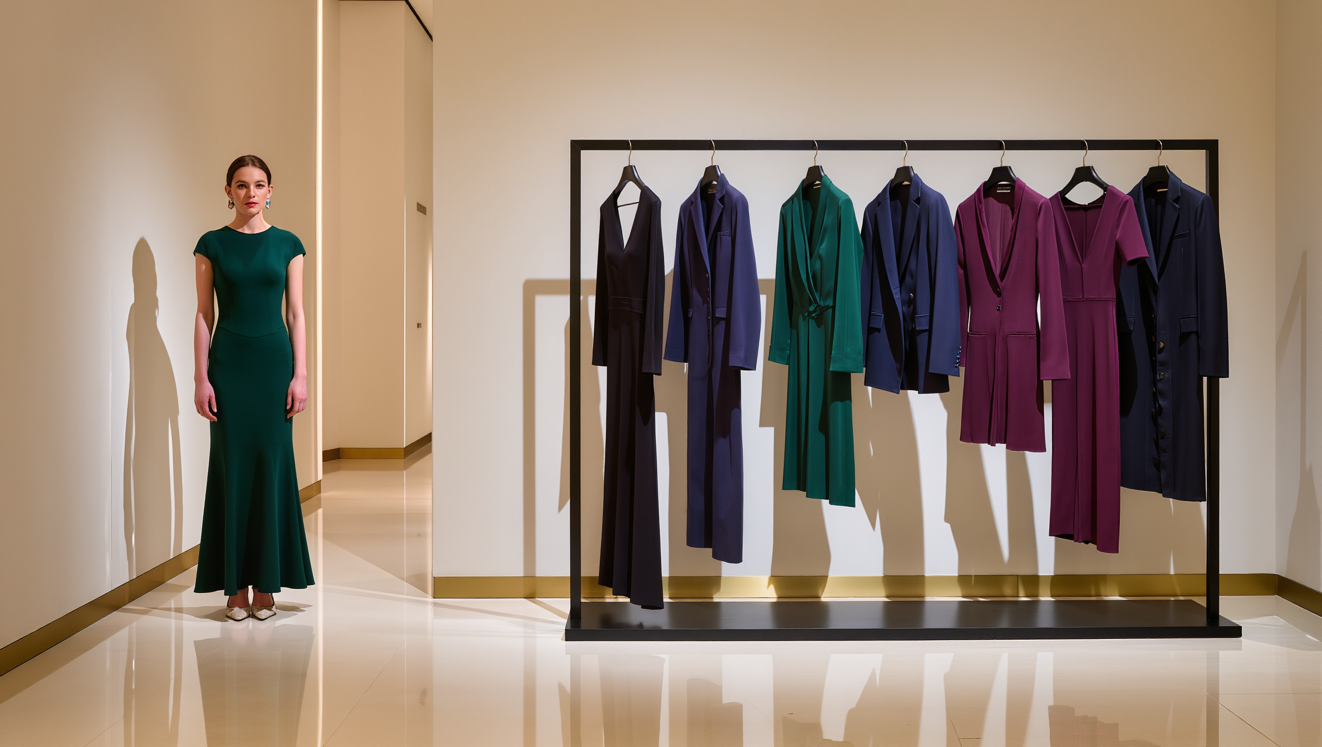 Elegant formal dress in refined tones with clean lines and tailored detail.