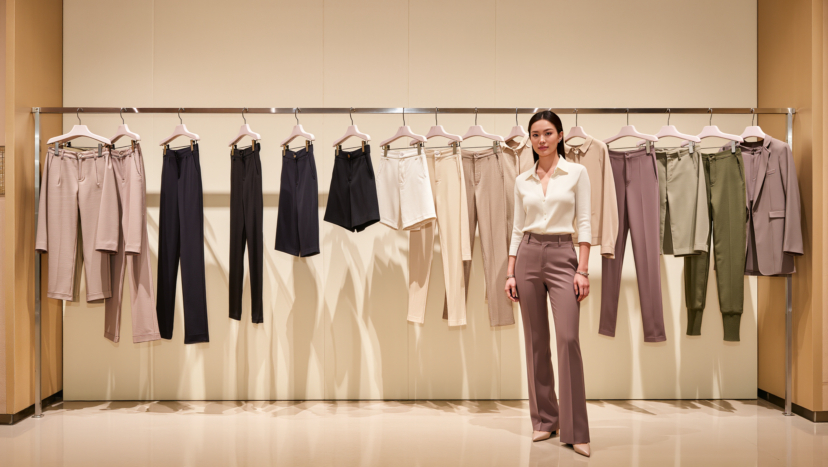 Collection of elegant women’s bottoms in neutral tones, including trousers, shorts and leggings, displayed in a modern showroom.