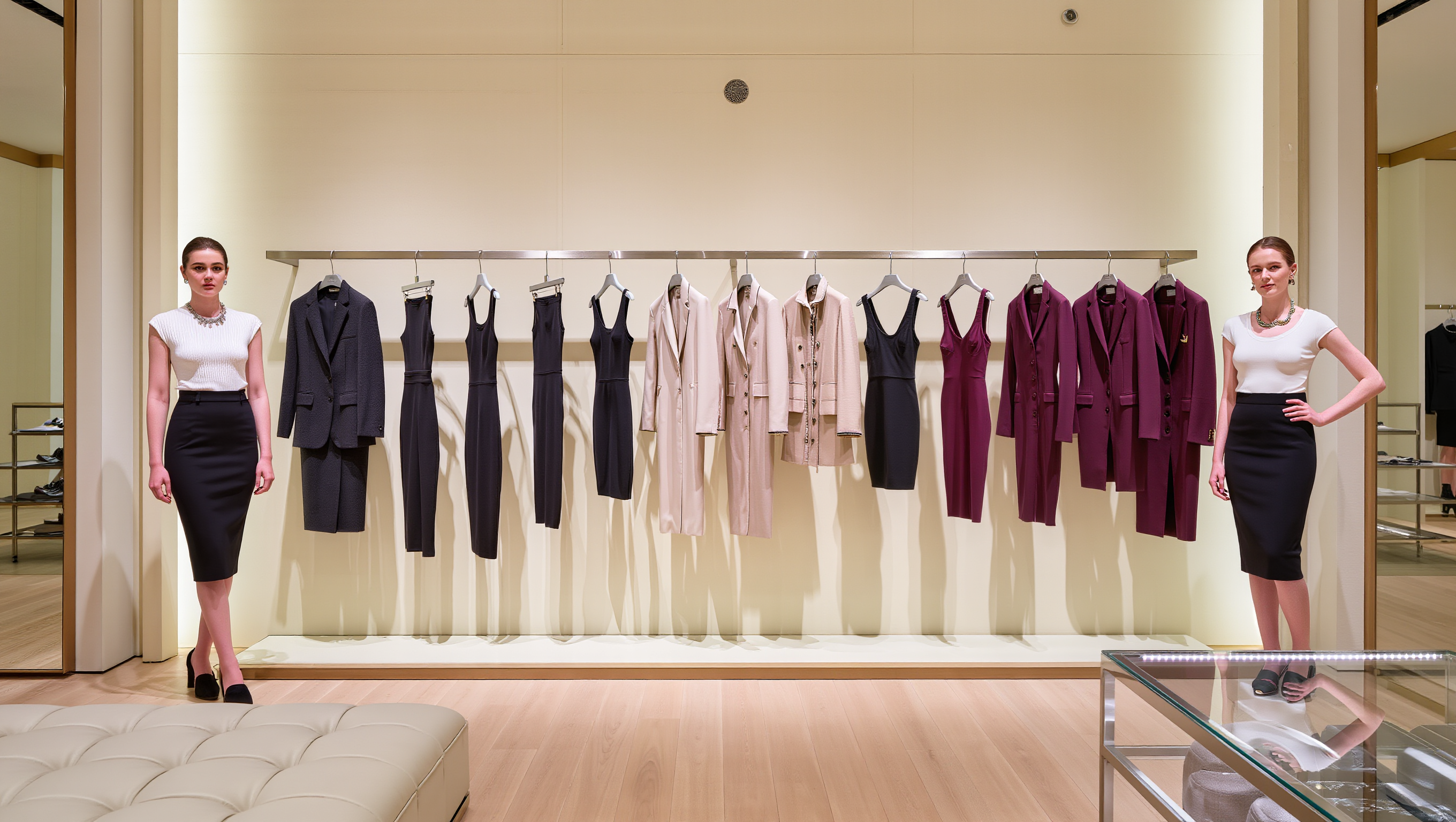 Elegant tailored pencil skirt in neutral tones displayed in a modern fashion showroom.