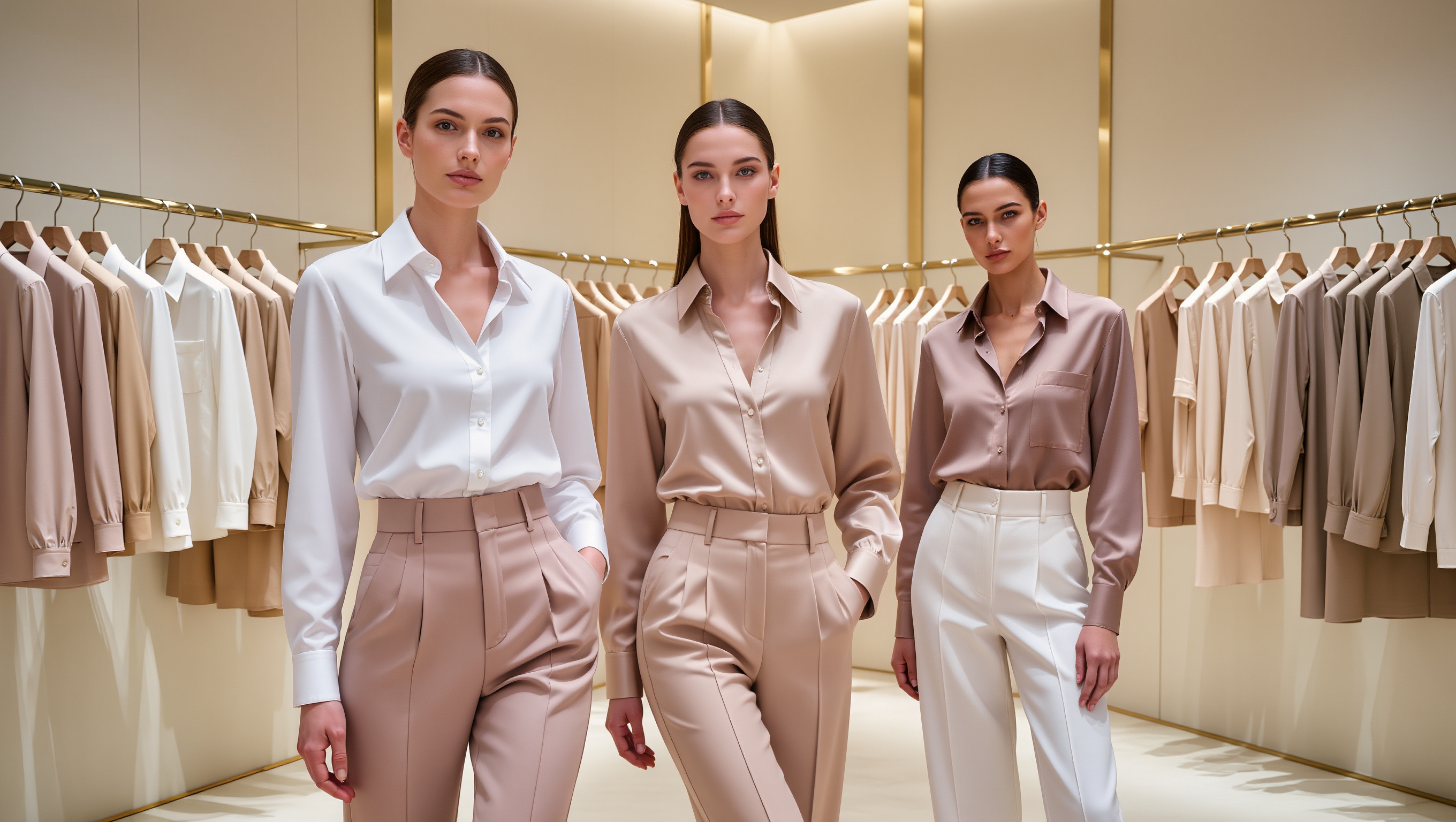 Elegant women’s shirts and blouses displayed in a premium modern fashion showroom.