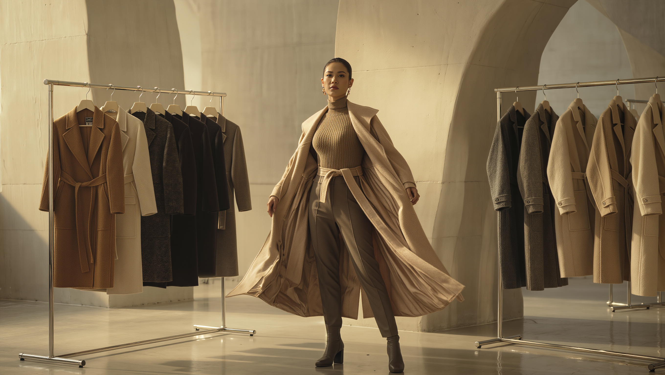 Elegant long women’s coat in neutral tones displayed in a luxury fashion space.