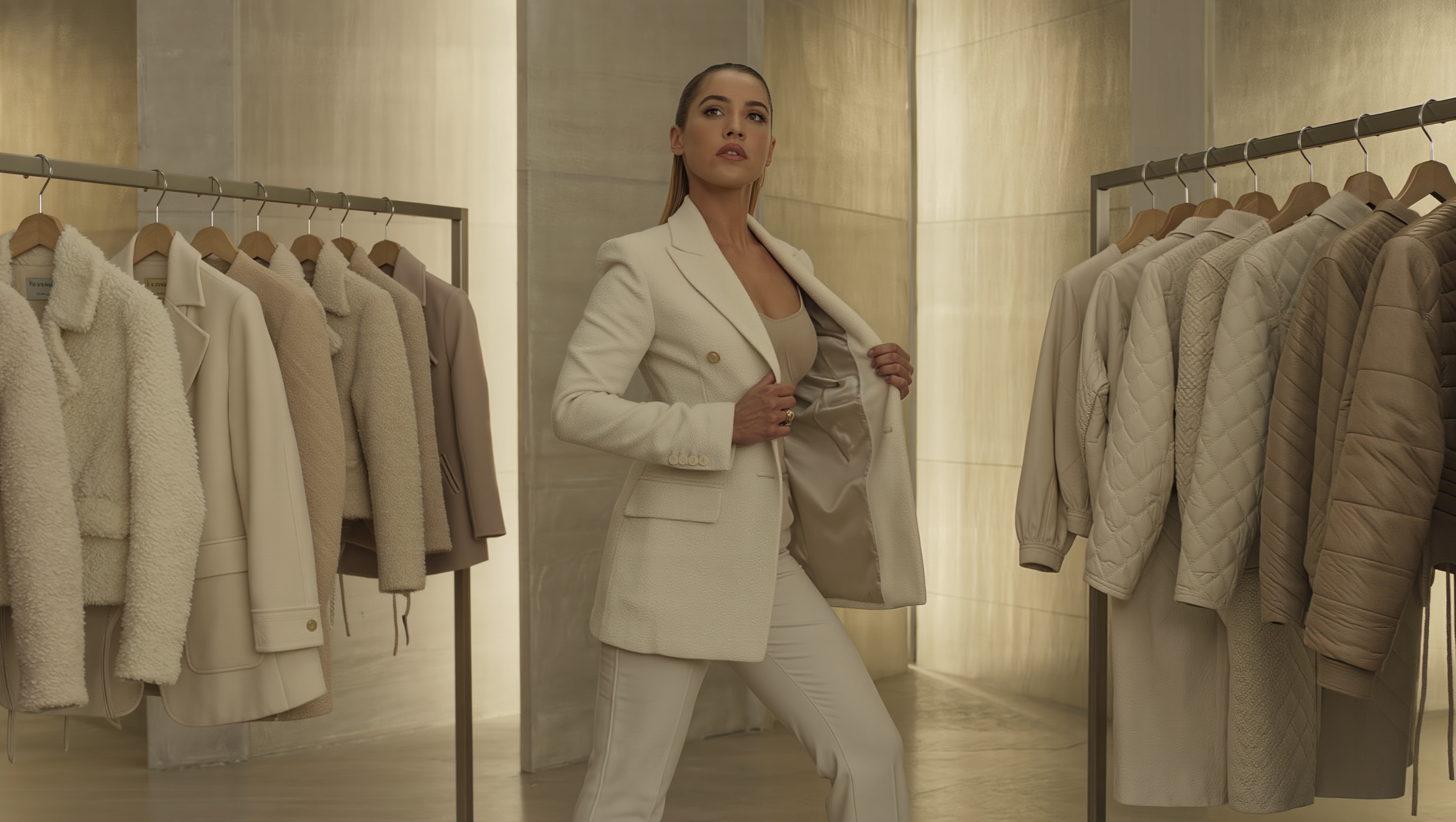 Elegant modern women’s jacket displayed in a luxury neutral-toned showroom.