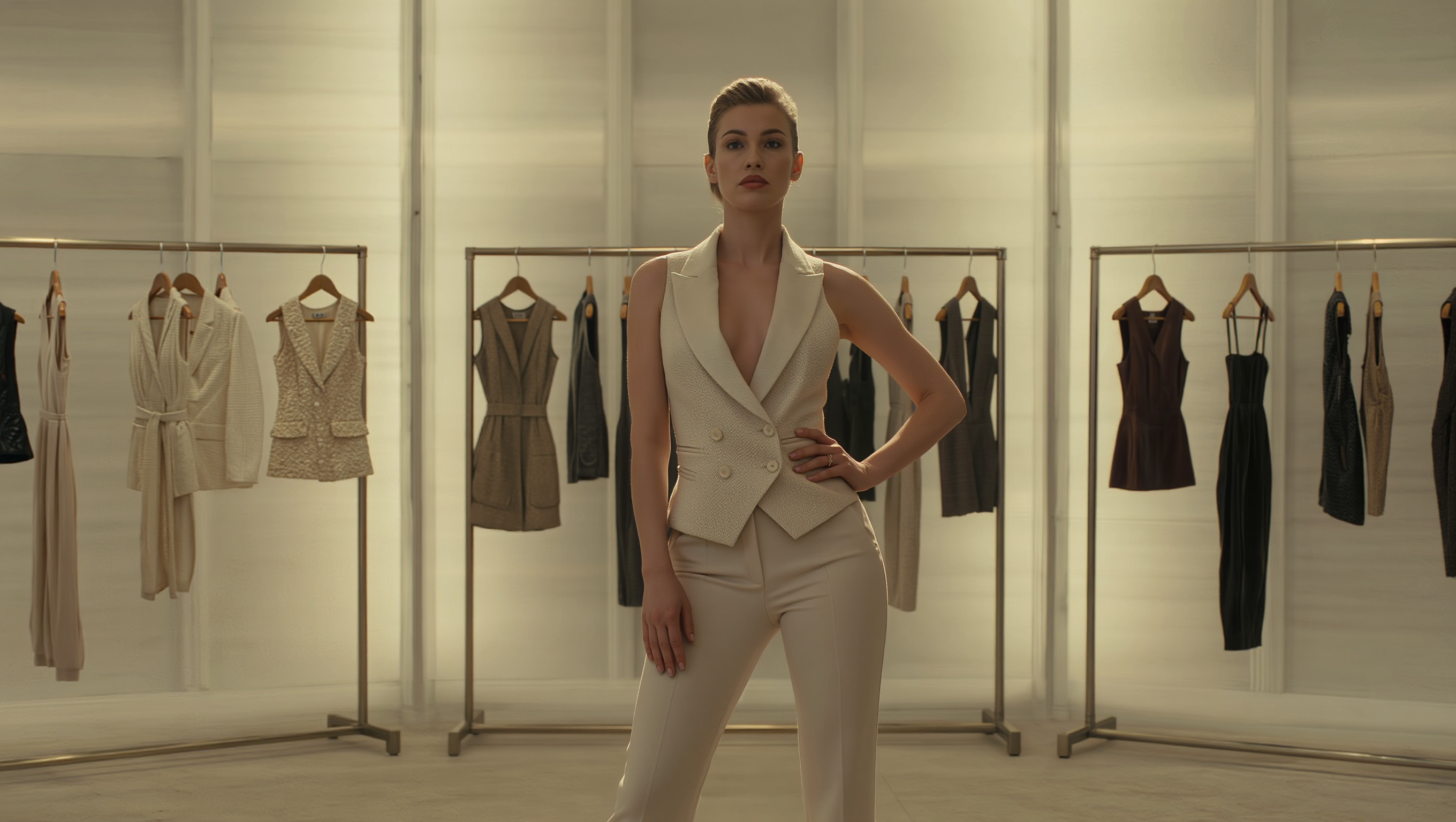 Elegant women’s tailored vest displayed in a premium fashion showroom.