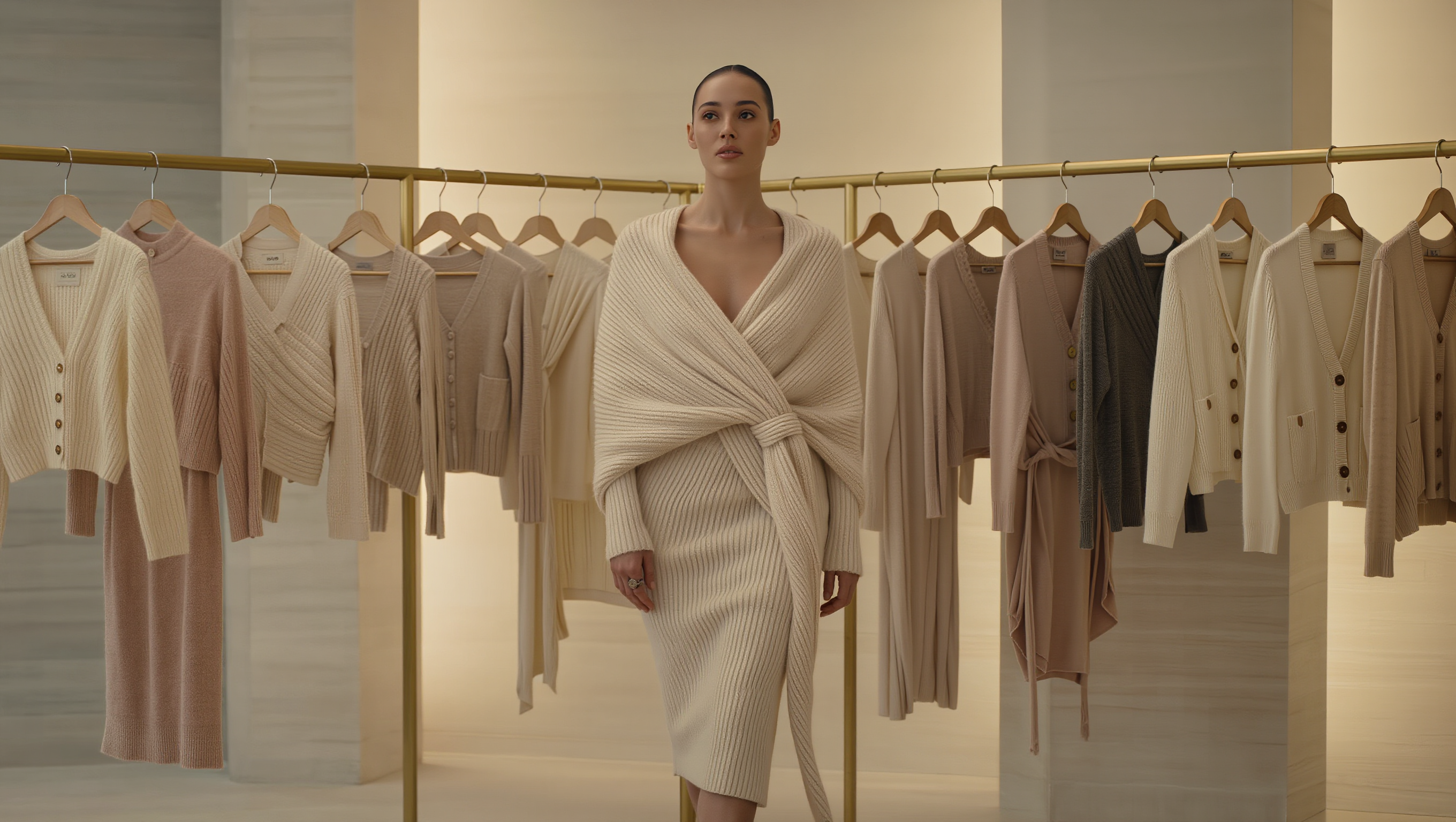 Elegant women’s cardigan displayed in a modern neutral-toned luxury fashion space.