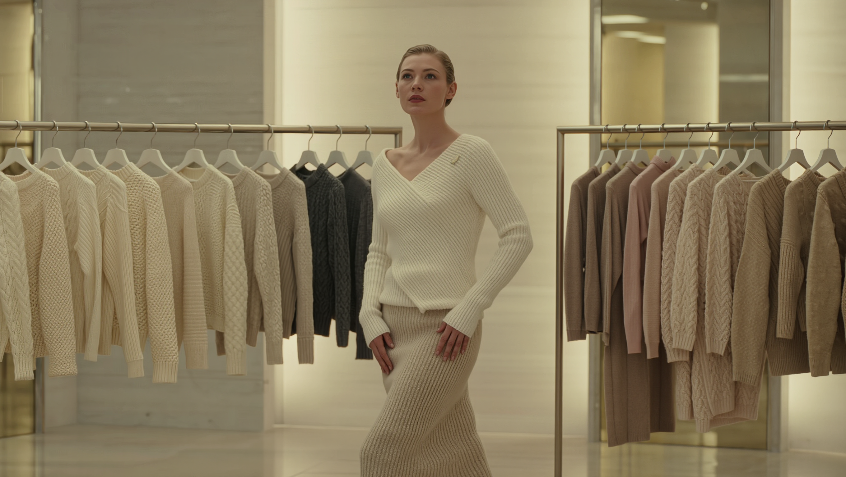 Premium women’s knit sweater displayed in a luxury neutral fashion showroom.