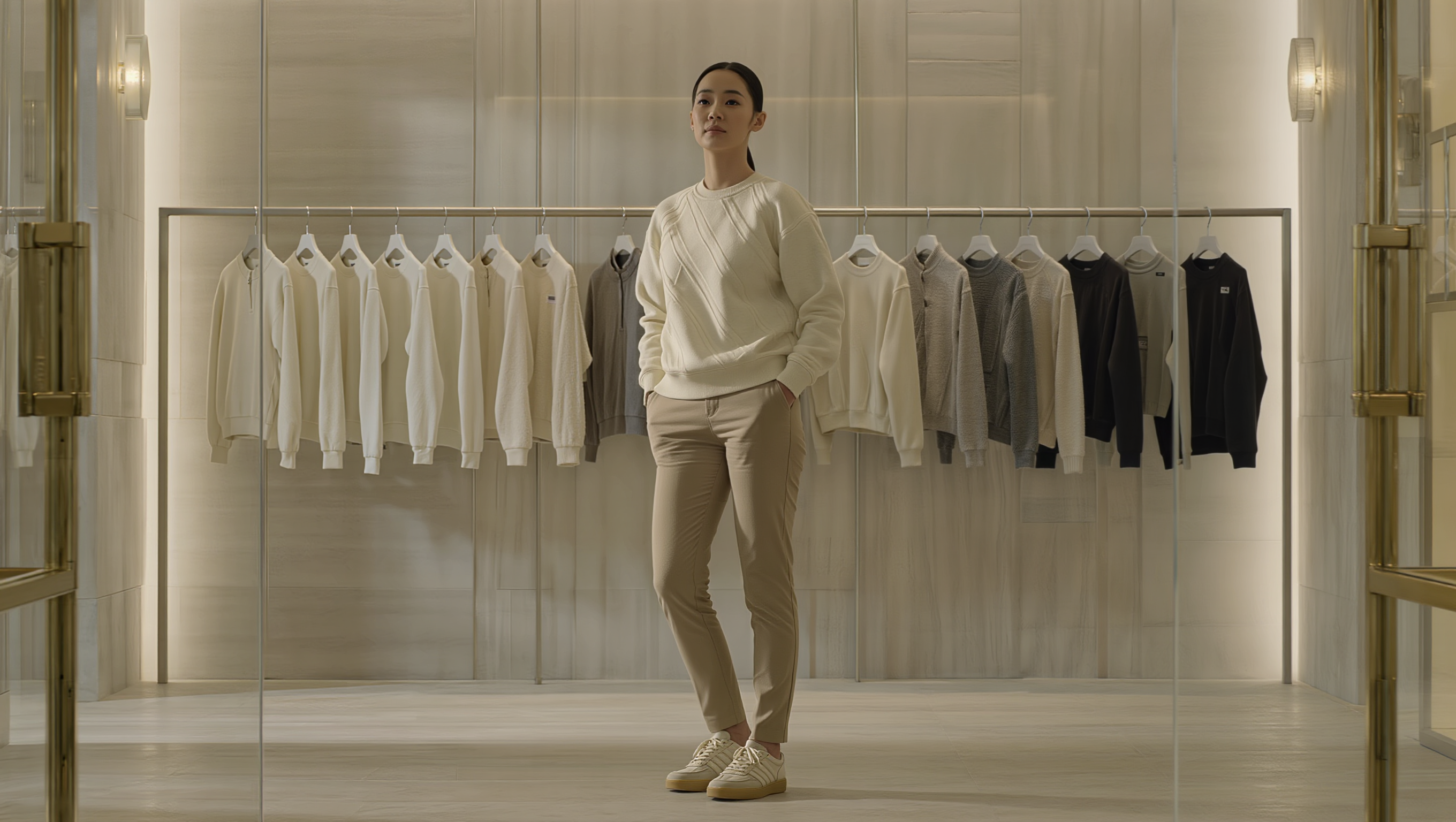 Premium women’s sweatshirt displayed in a luxury soft-lit fashion showroom.