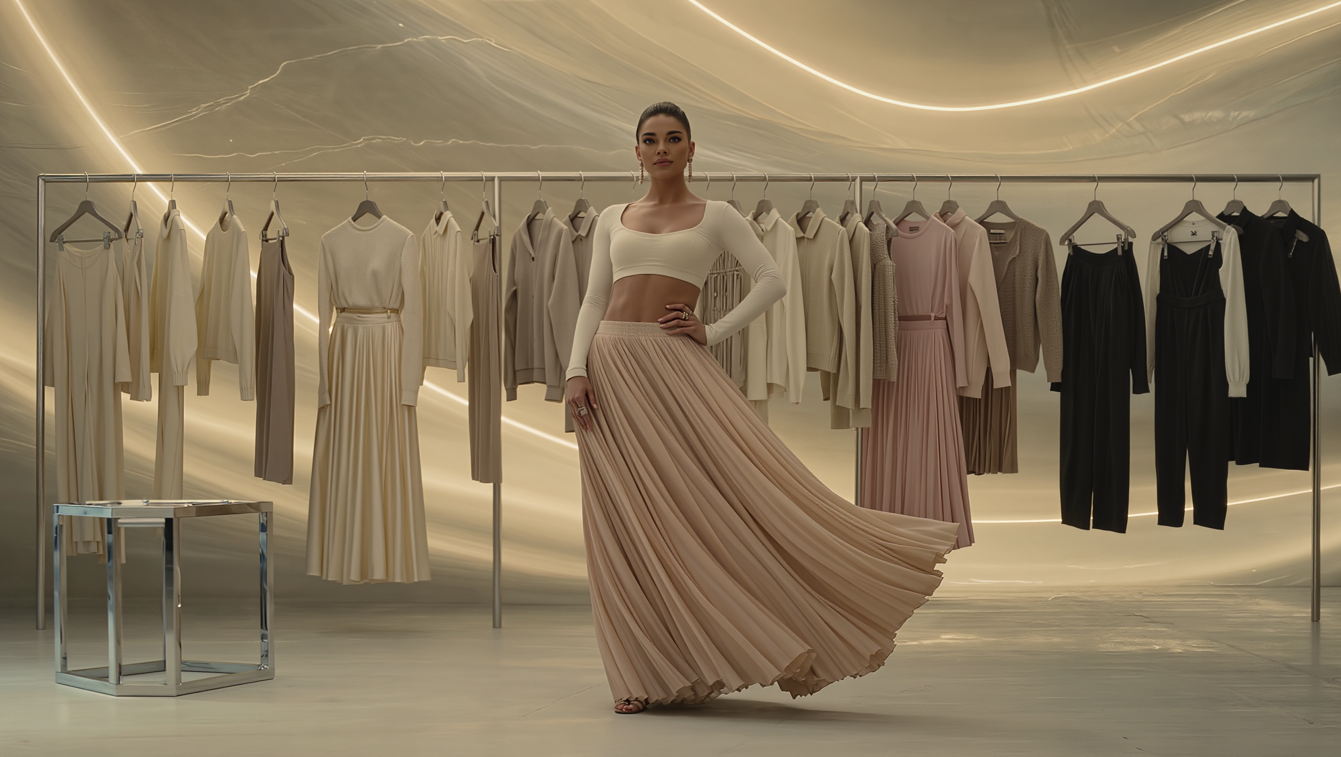 Elegant coordinated women’s set outfit displayed in a premium fashion showroom.