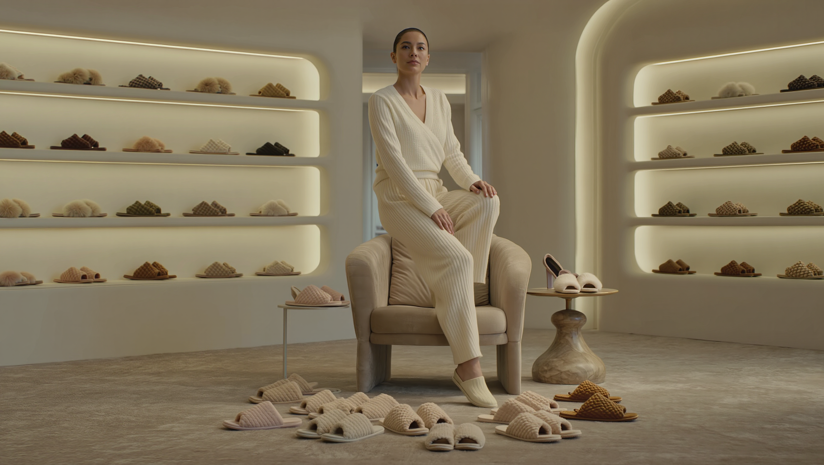 Soft luxury women’s slippers displayed in a warm neutral-toned fashion studio.