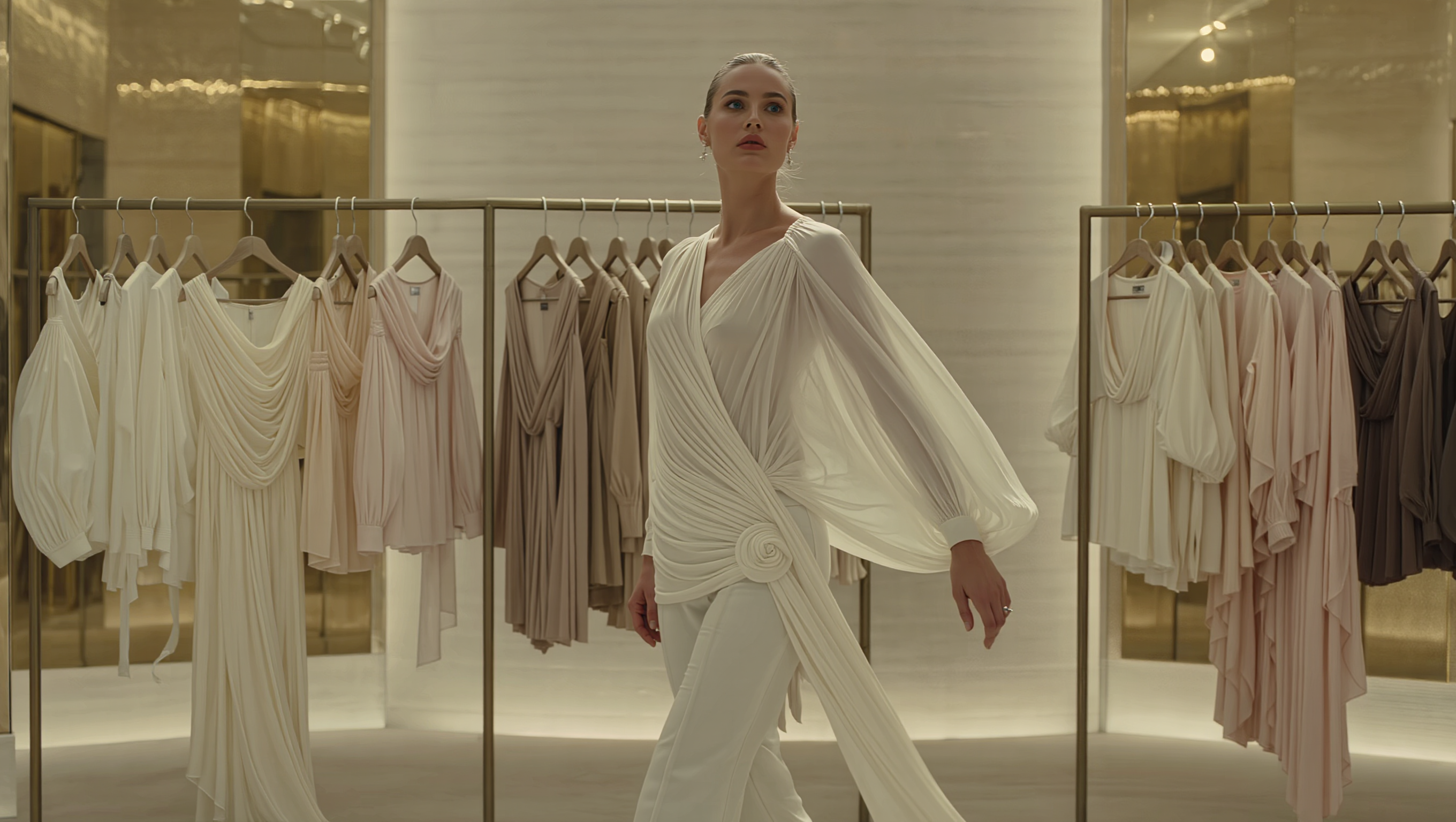 Elegant women’s blouses displayed in a premium neutral-toned fashion showroom.