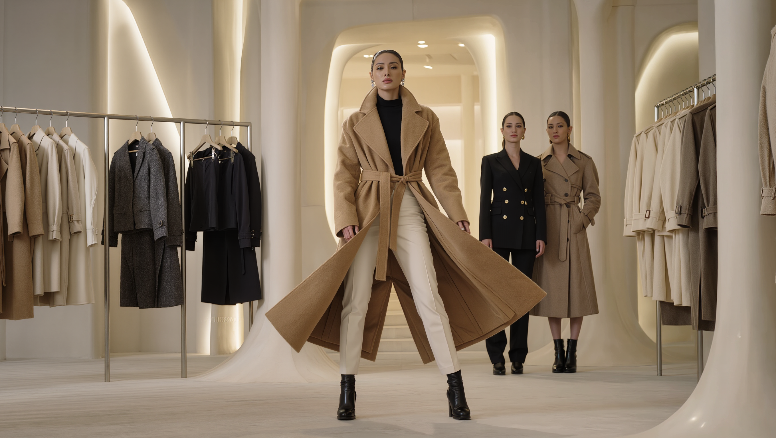 Elegant women’s jackets and long coats displayed in a luxury fashion showroom.