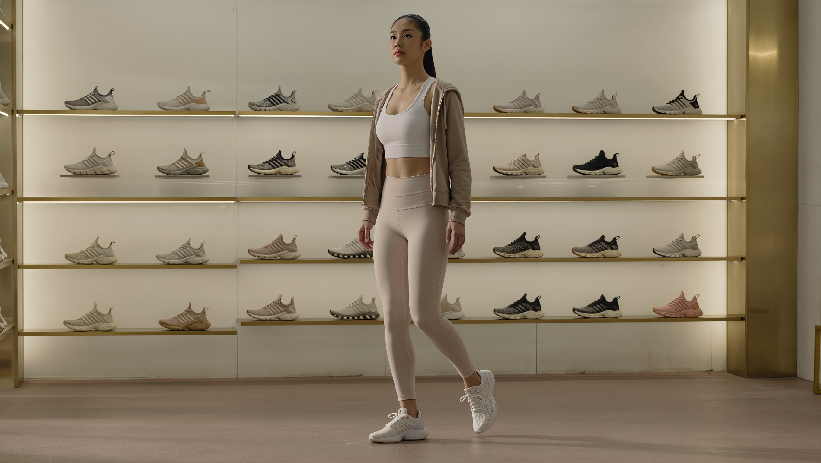 Lightweight women’s sport shoes displayed in a modern luxury fitness-inspired studio.