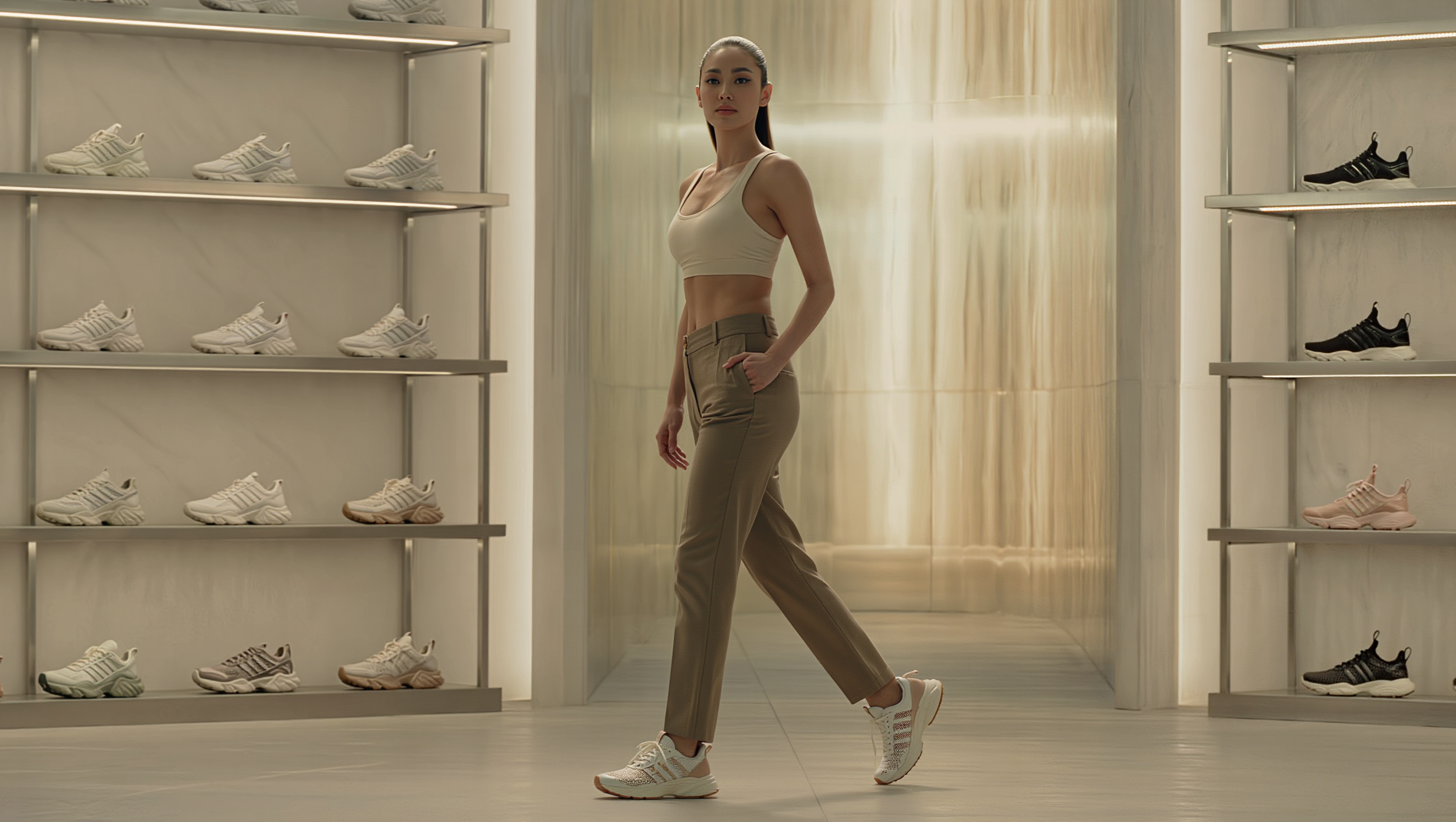 Premium neutral-toned women’s sneakers displayed in a luxury modern fashion studio.