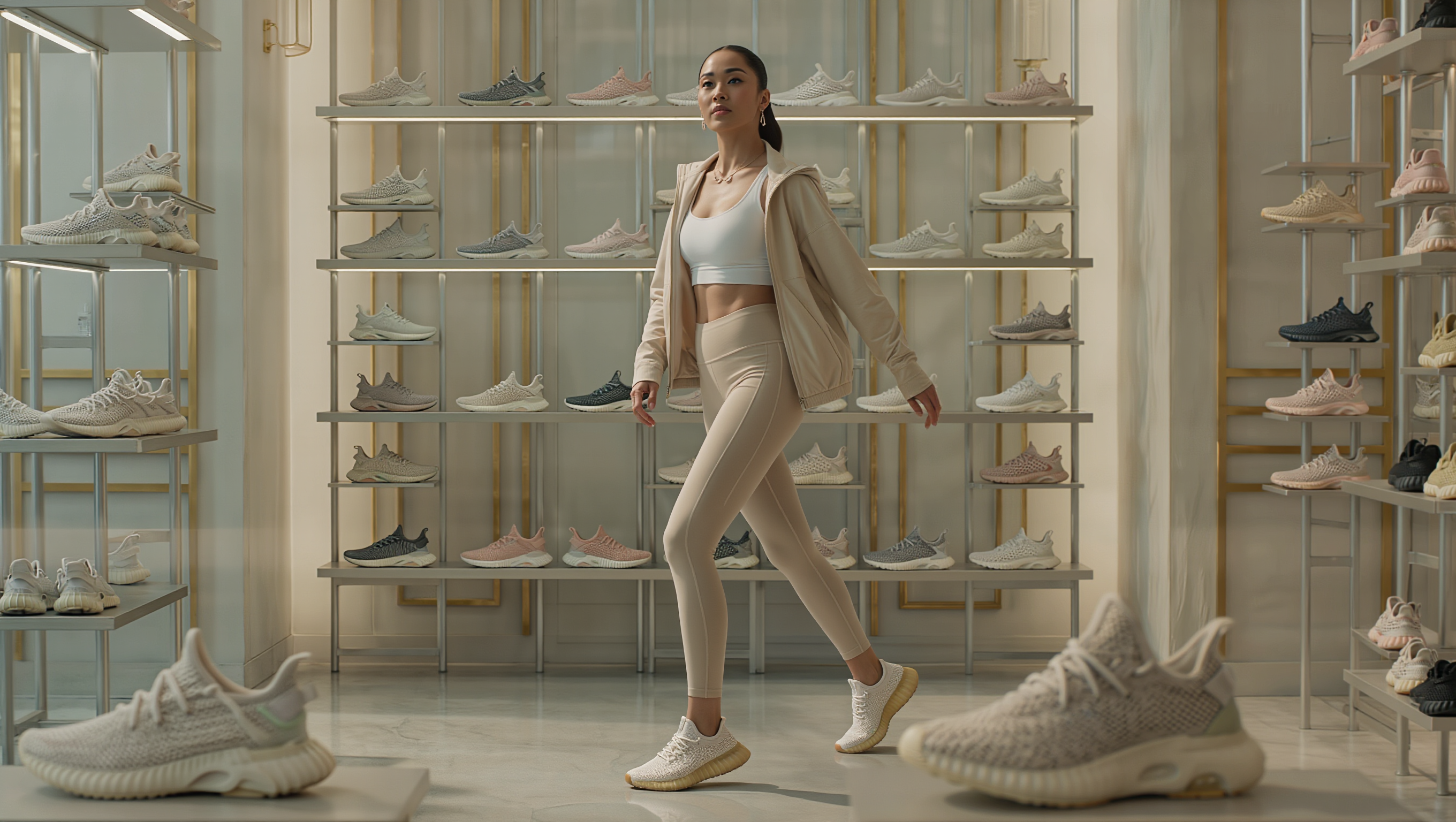 Lightweight women’s sport shoes displayed in a modern luxury fitness-inspired studio.
