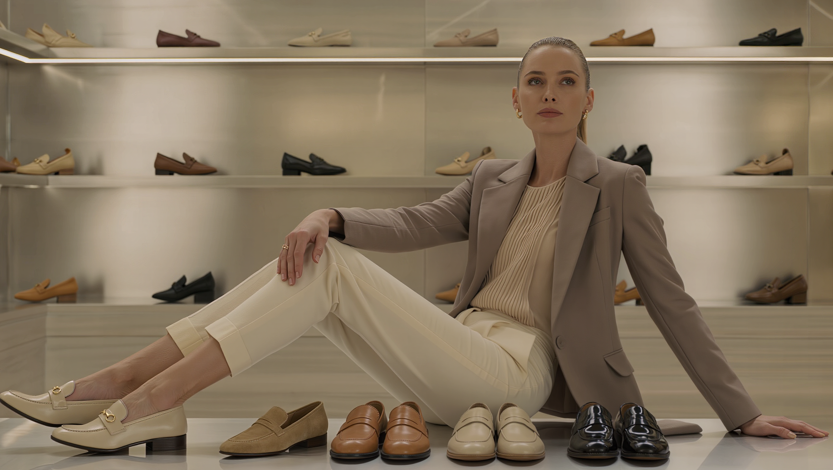 Elegant women’s moccasins and loafers showcased in a premium neutral fashion studio.