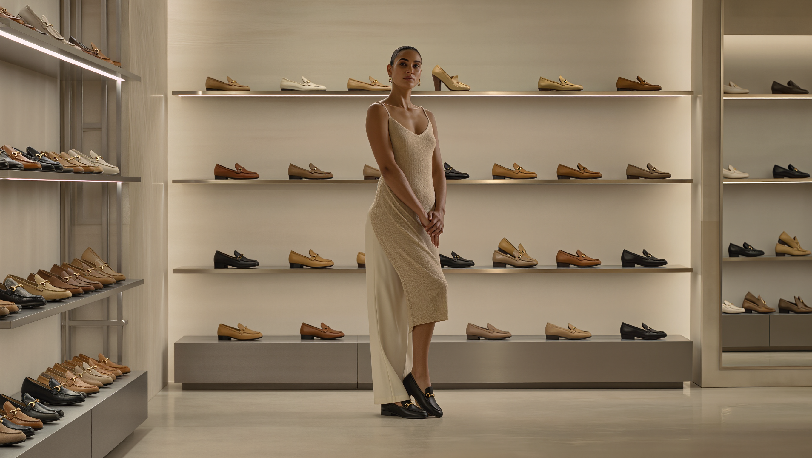 Premium women’s leather moccasins displayed in a minimalist luxury studio.