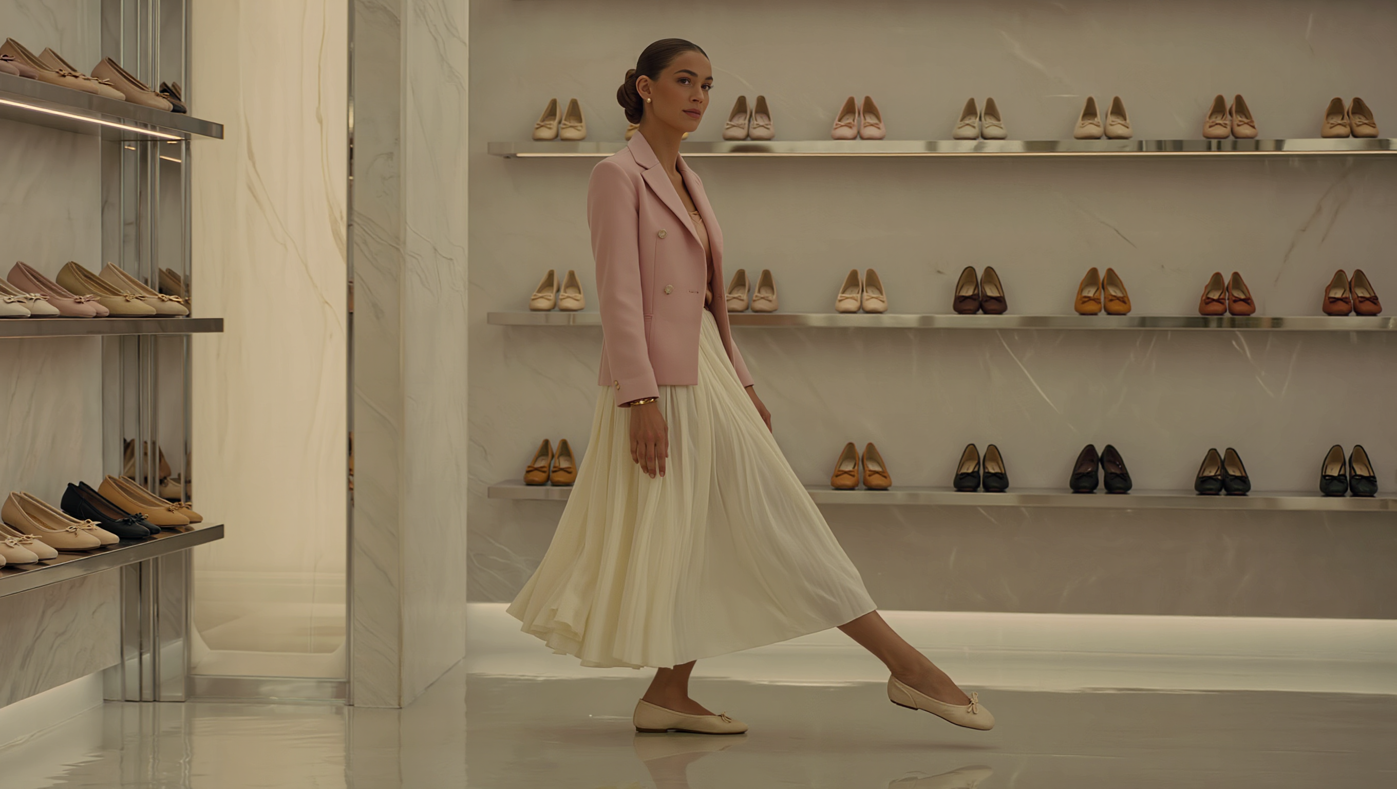 Elegant women’s ballet flats displayed in a refined luxury fashion studio.