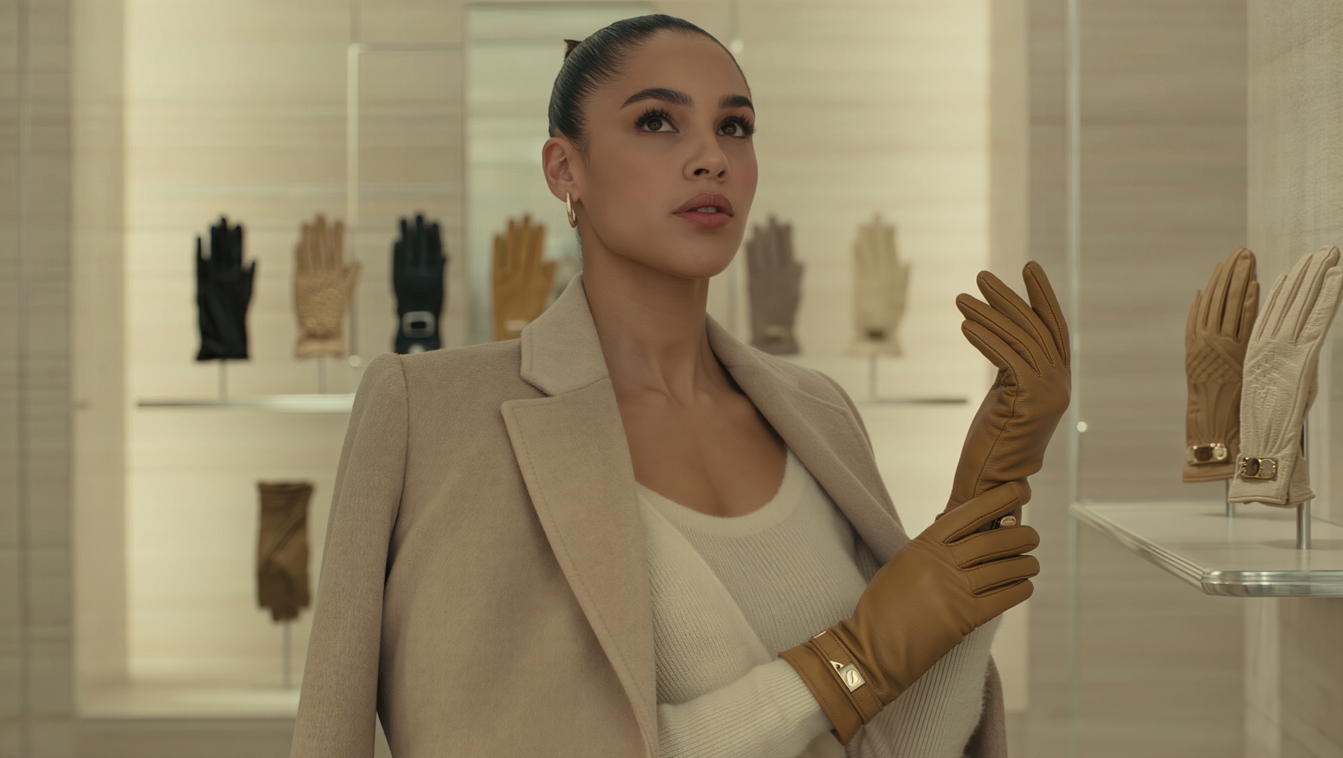 Elegant women’s gloves styled in a luxury neutral fashion studio.