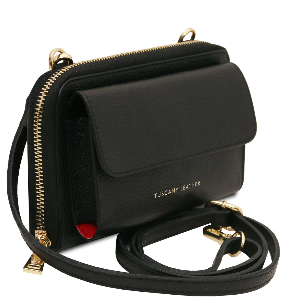 URANIA — Portefeuille bandoulière en cuir grainé