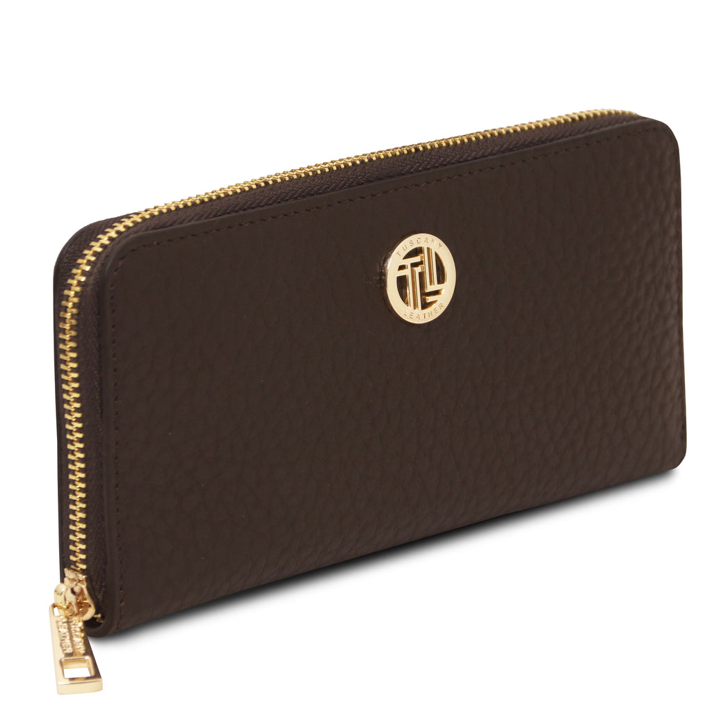Portefeuille femme FINANCIER zippé en cuir gros grain