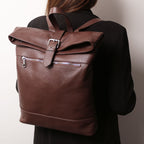 Sac à dos femme LONDON roll-top en cuir véritable grainé vintage