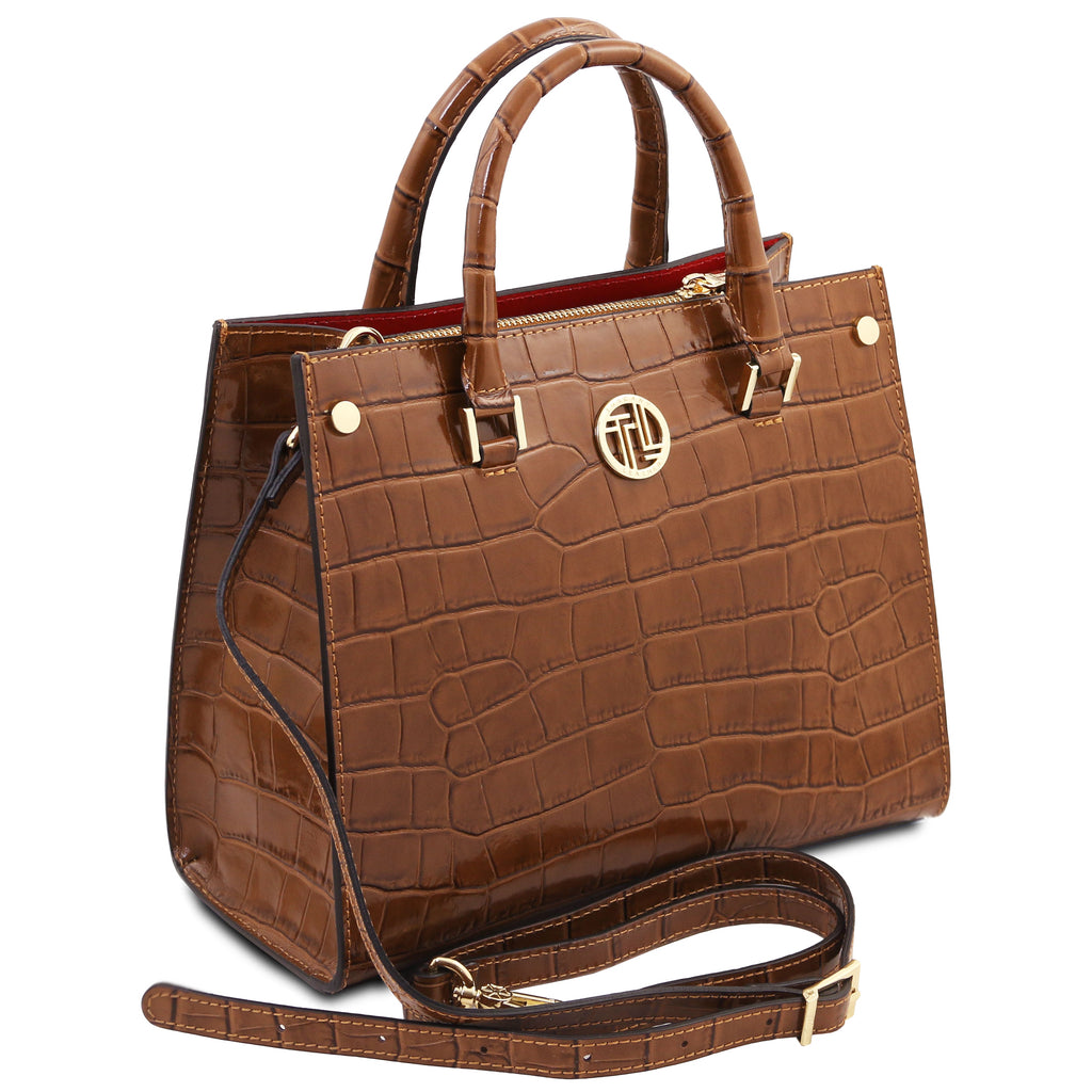 Sac cabas femme CROQUE structuré en cuir véritable effet croco