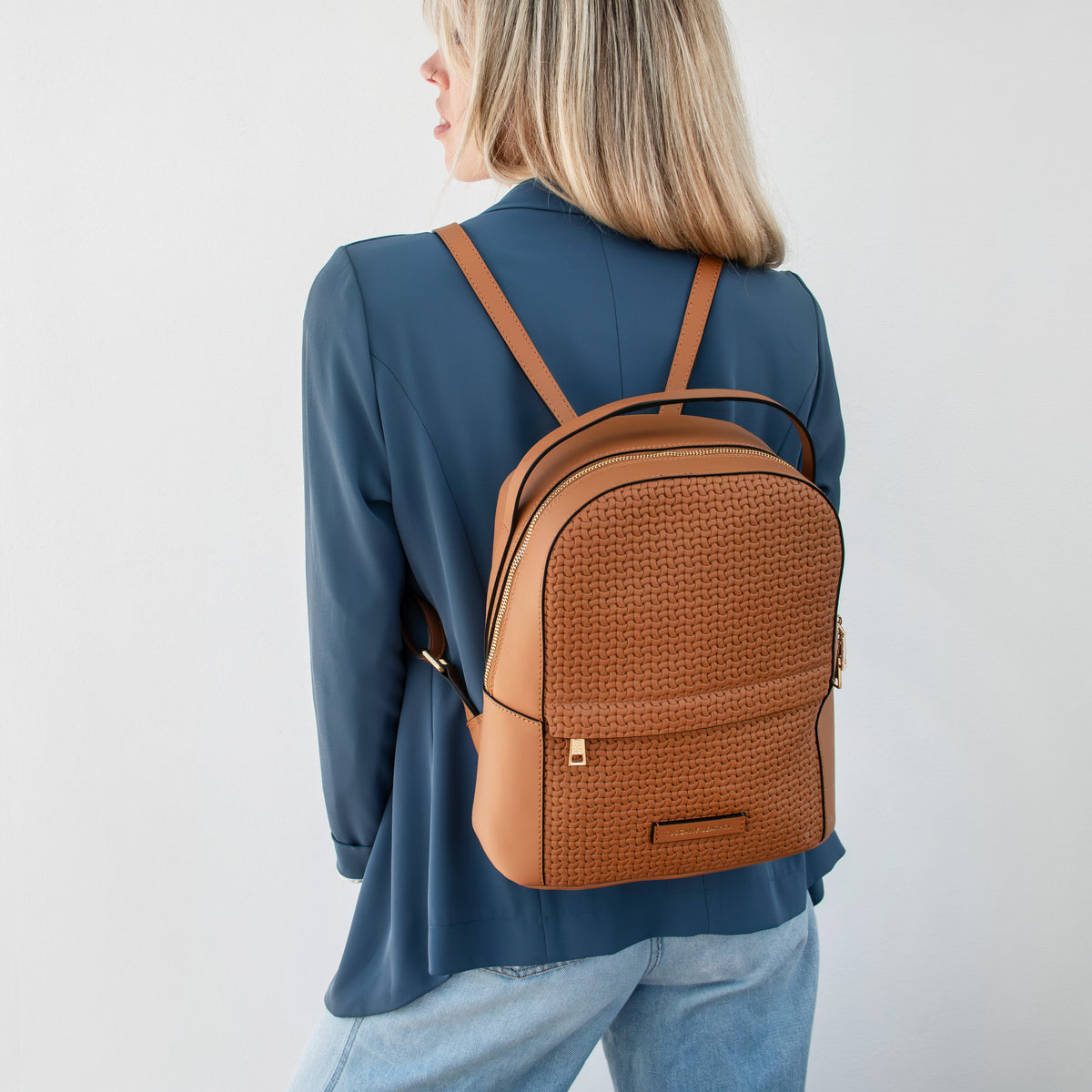 Sac à dos femme DEDALO en cuir véritable imprimé effet tressé