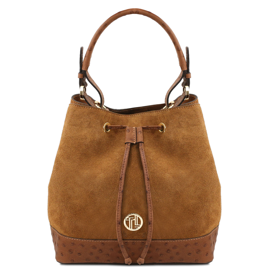 Sac seau femme OSTREA en daim et cuir effet autruche