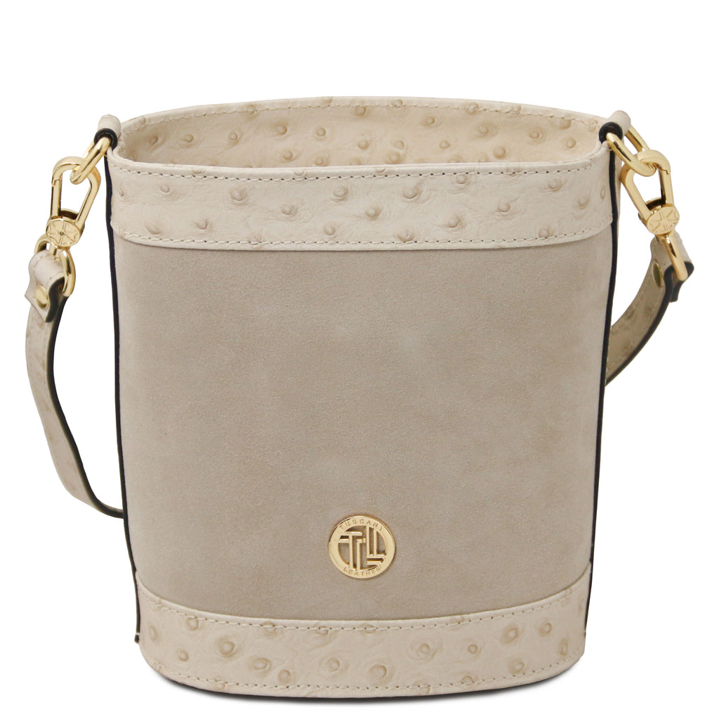 Sac seau femme OSTREA cuir suède effet autruche bandoulière