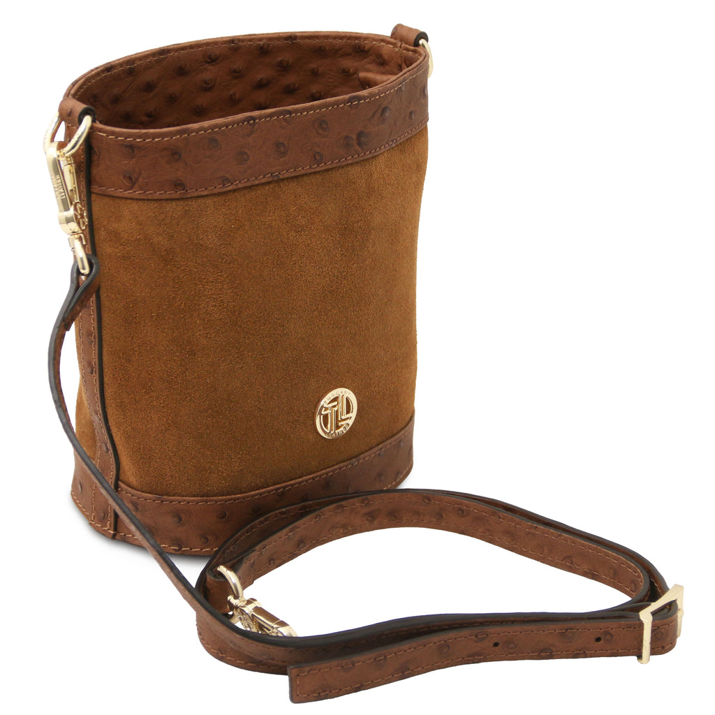 Sac seau femme OSTREA cuir suède effet autruche bandoulière