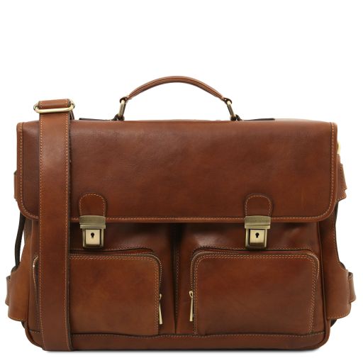 Ventimiglia - Leather multi compartment briefcase with front pockets Main image