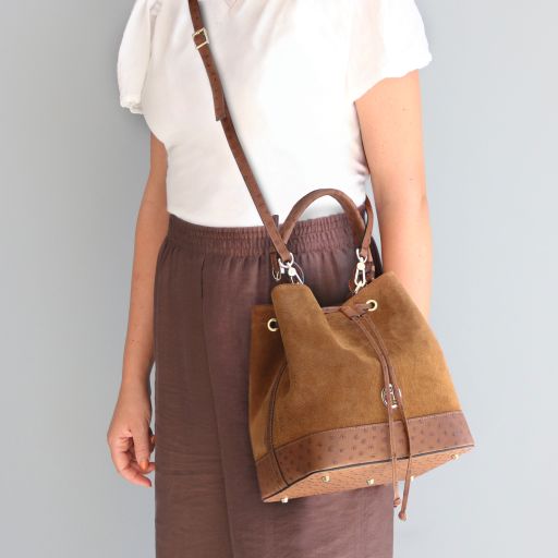 Sac seau femme OSTREA en daim et cuir effet autruche